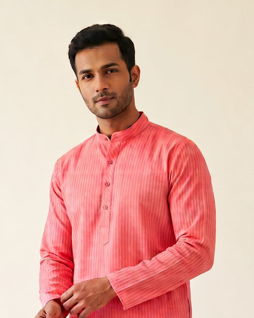 Coral Pink Self-Stripe Kurta Pajama for Men - collar and placket detail