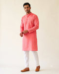 Coral Pink Self-Stripe Kurta Pajama for Men - full length