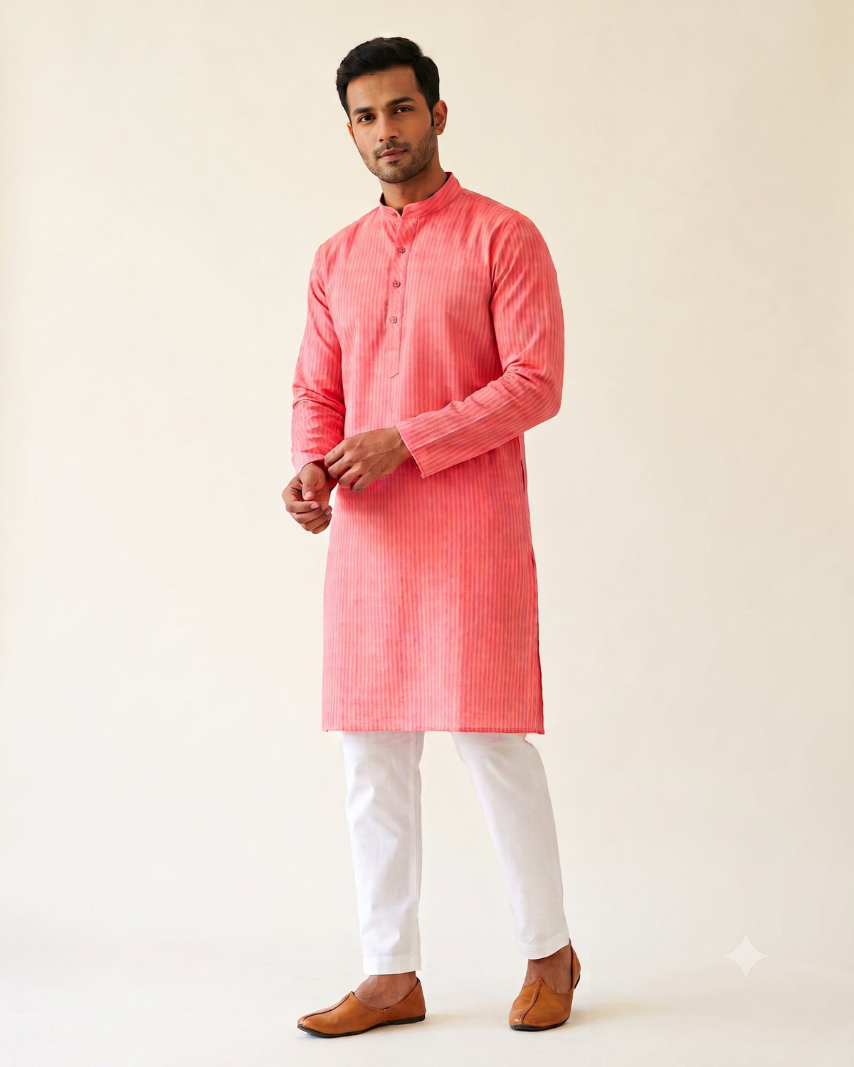 Coral Pink Self-Stripe Kurta Pajama for Men - full length