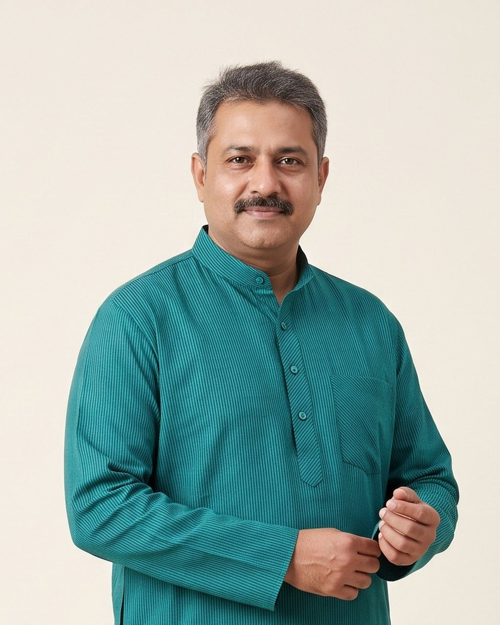 Deep Teal Jade Self-Stripe Kurta Pajama for Men - collar and placket detail