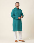 Deep Teal Jade Self-Stripe Kurta Pajama for Men - full length