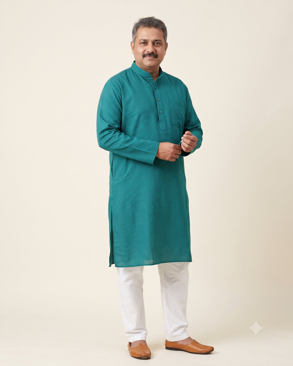 Deep Teal Jade Self-Stripe Kurta Pajama for Men - full length