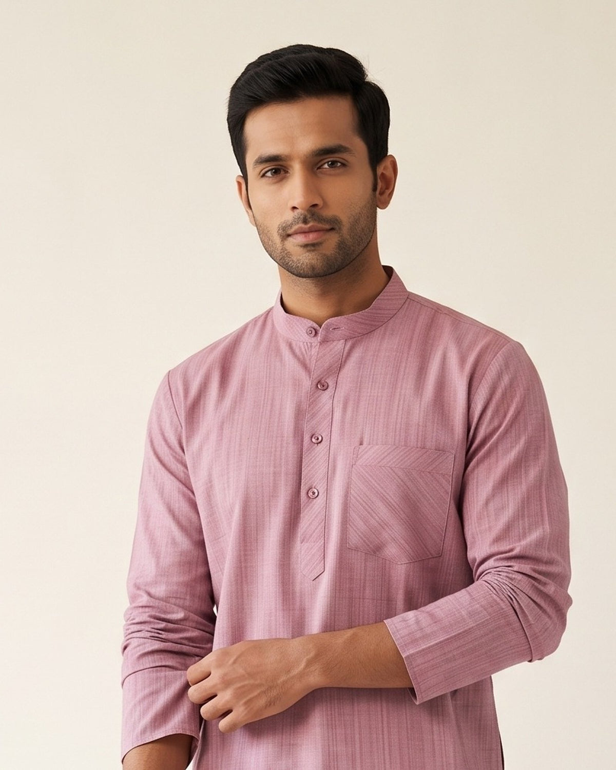 Dusty Rose kurta pajama set for men, collar and placket close-up