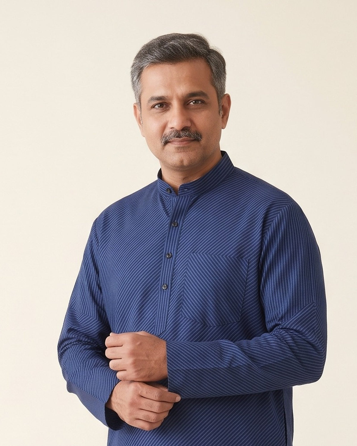 Navy kurta pajama set for men, collar and placket close-up