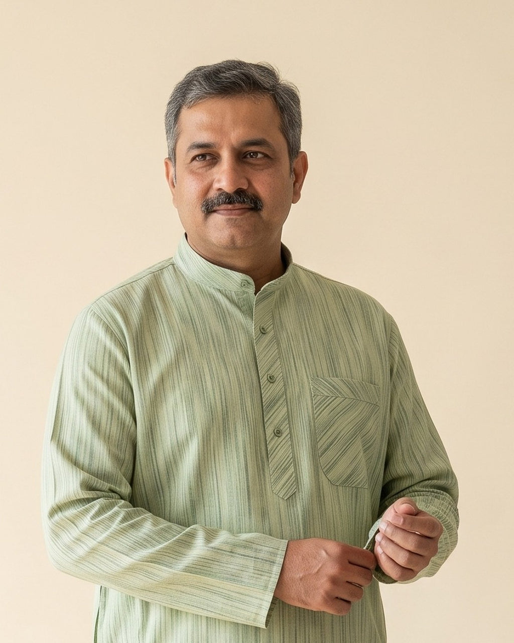 Sage Moss Green kurta pajama set for men, collar and placket close-up