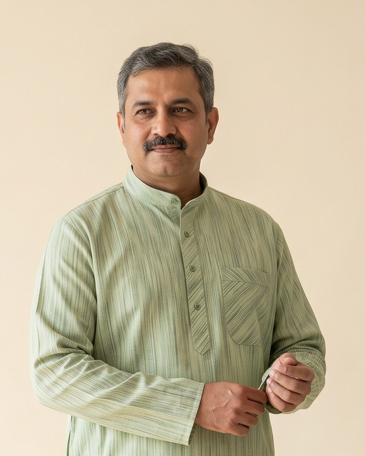 Sage Moss Green kurta pajama set for men, collar and placket close-up