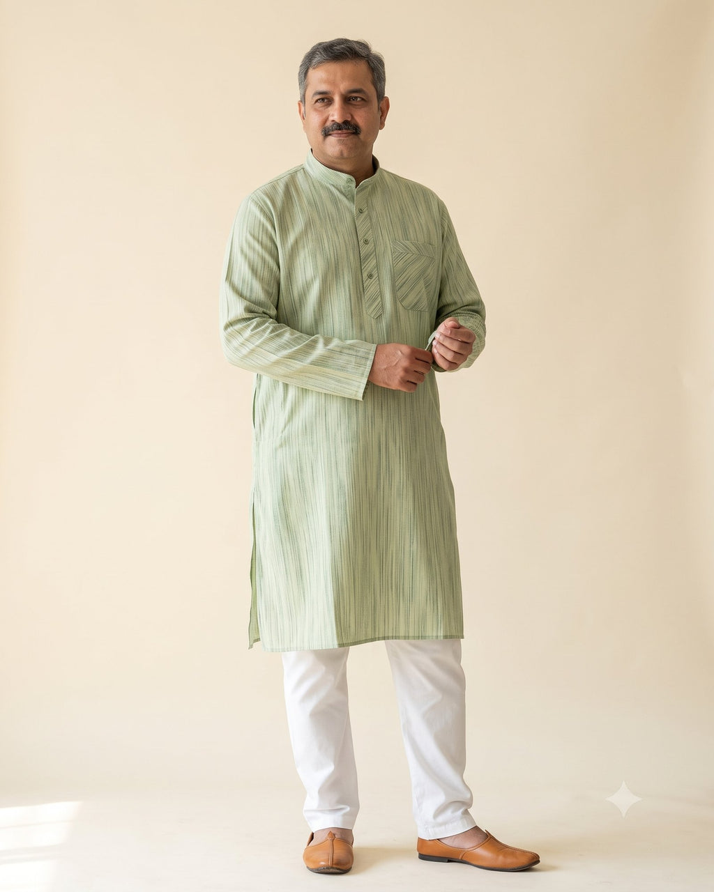 Sage Moss Green kurta pajama set for men, front view, full length