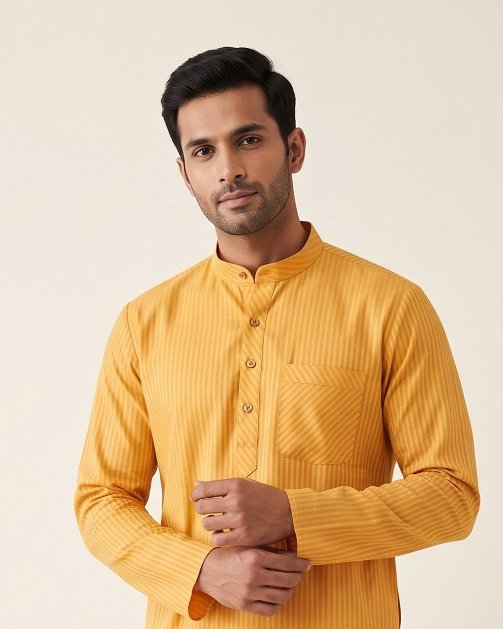 Golden Marigold kurta pajama set for men, collar and placket close-up
