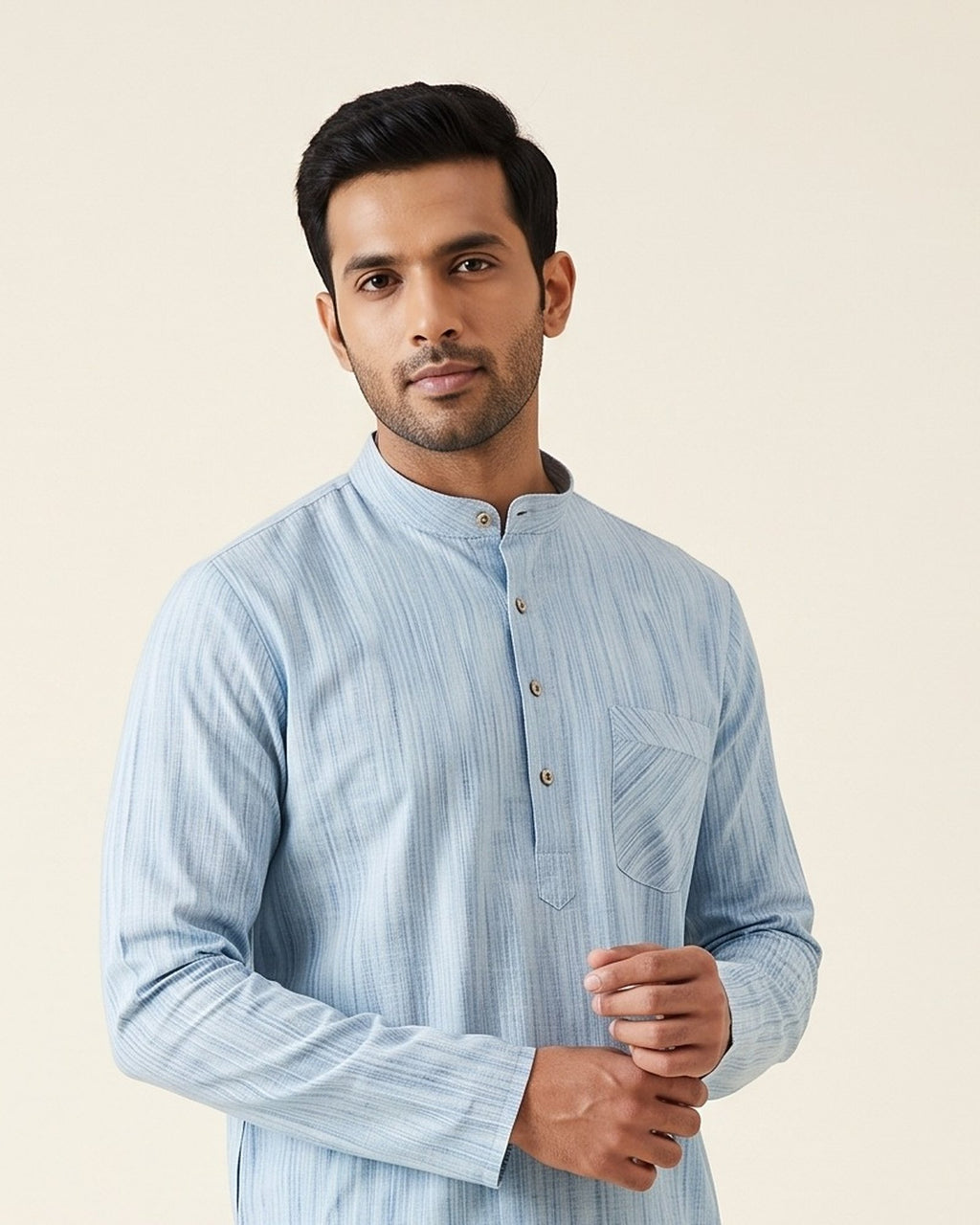 Powder Blue kurta pajama set for men, collar and placket close-up