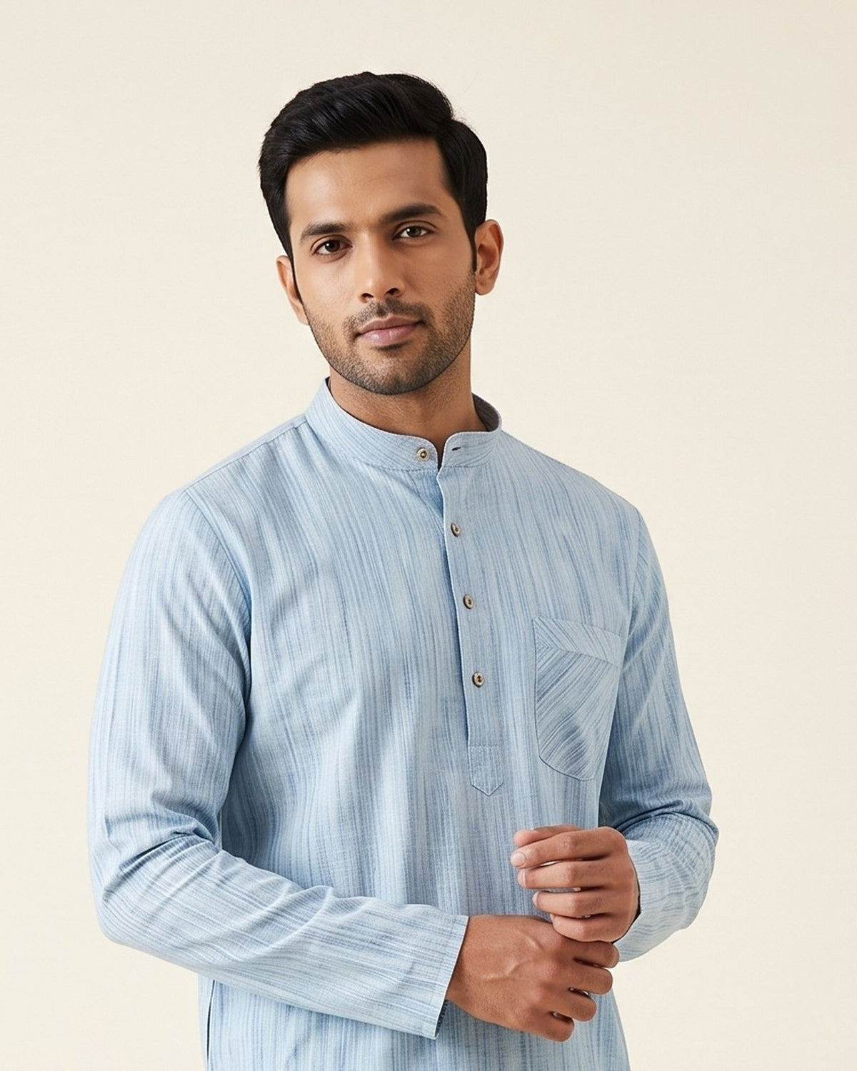 Powder Blue kurta pajama set for men, collar and placket close-up