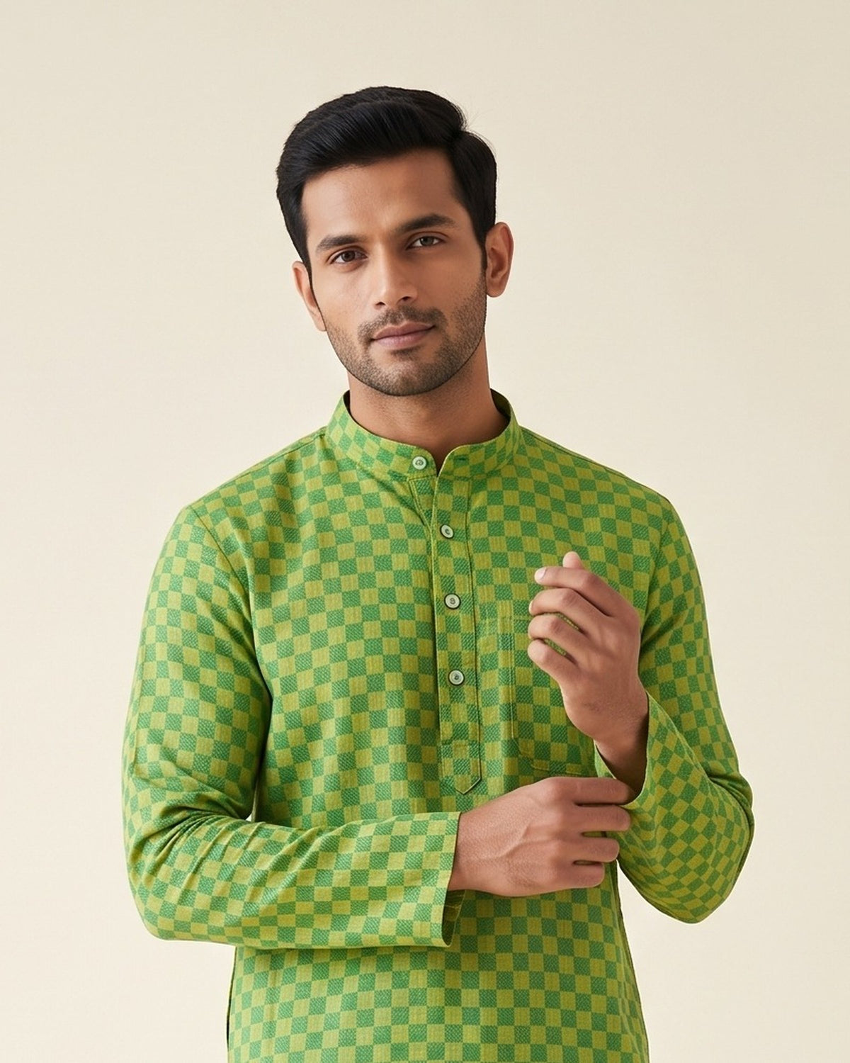 Green Yellow Checkerboard kurta pajama set for men, collar and placket close-up