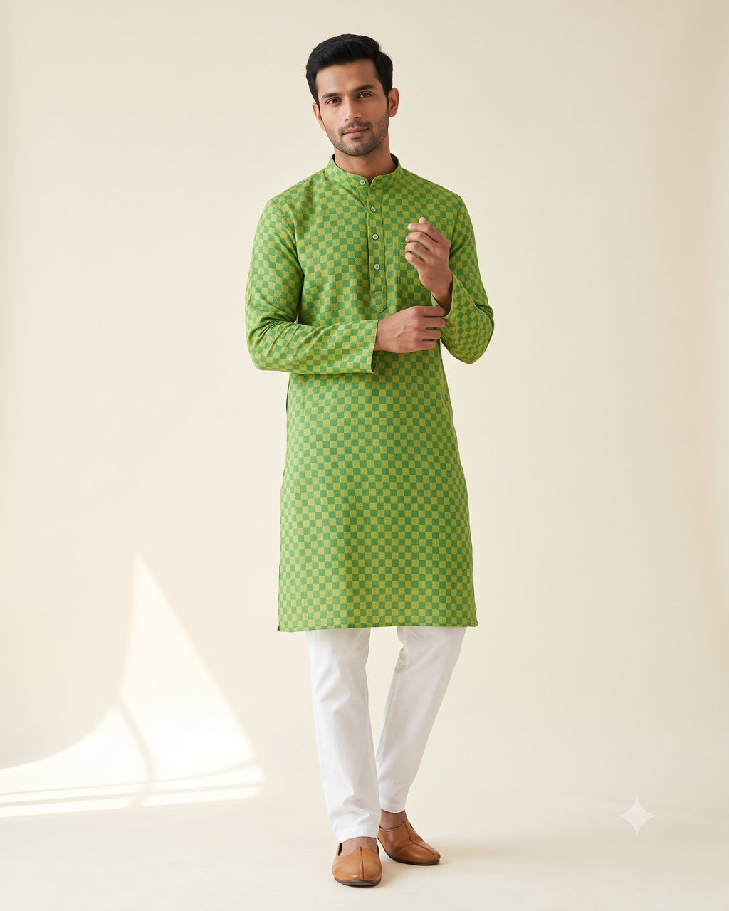 Green Yellow Checkerboard kurta pajama set for men, front view, full length