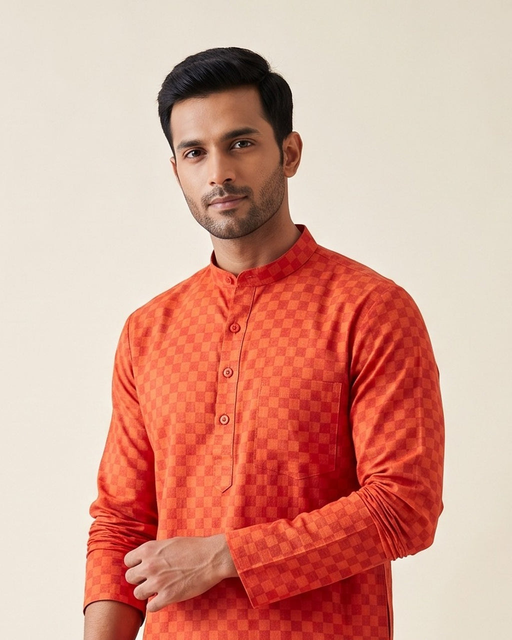 Red Orange Checkerboard kurta pajama set for men, collar and placket close-up