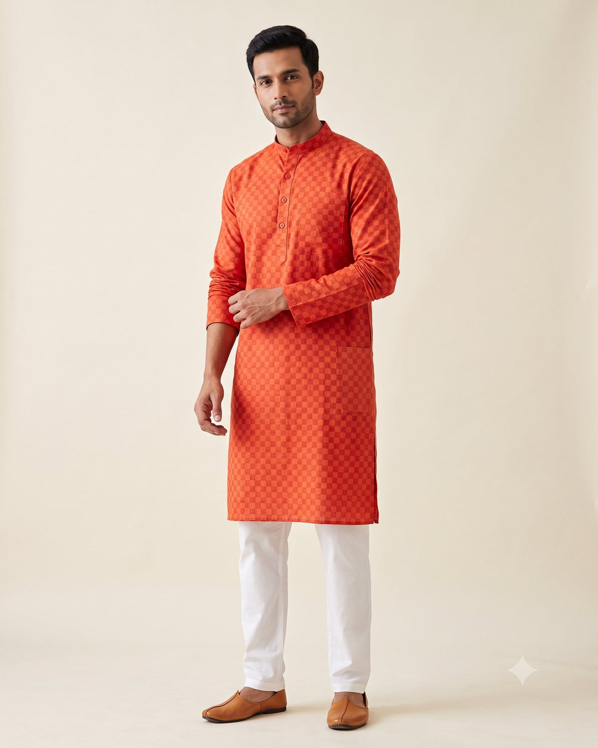 Red Orange Checkerboard kurta pajama set for men, front view, full length