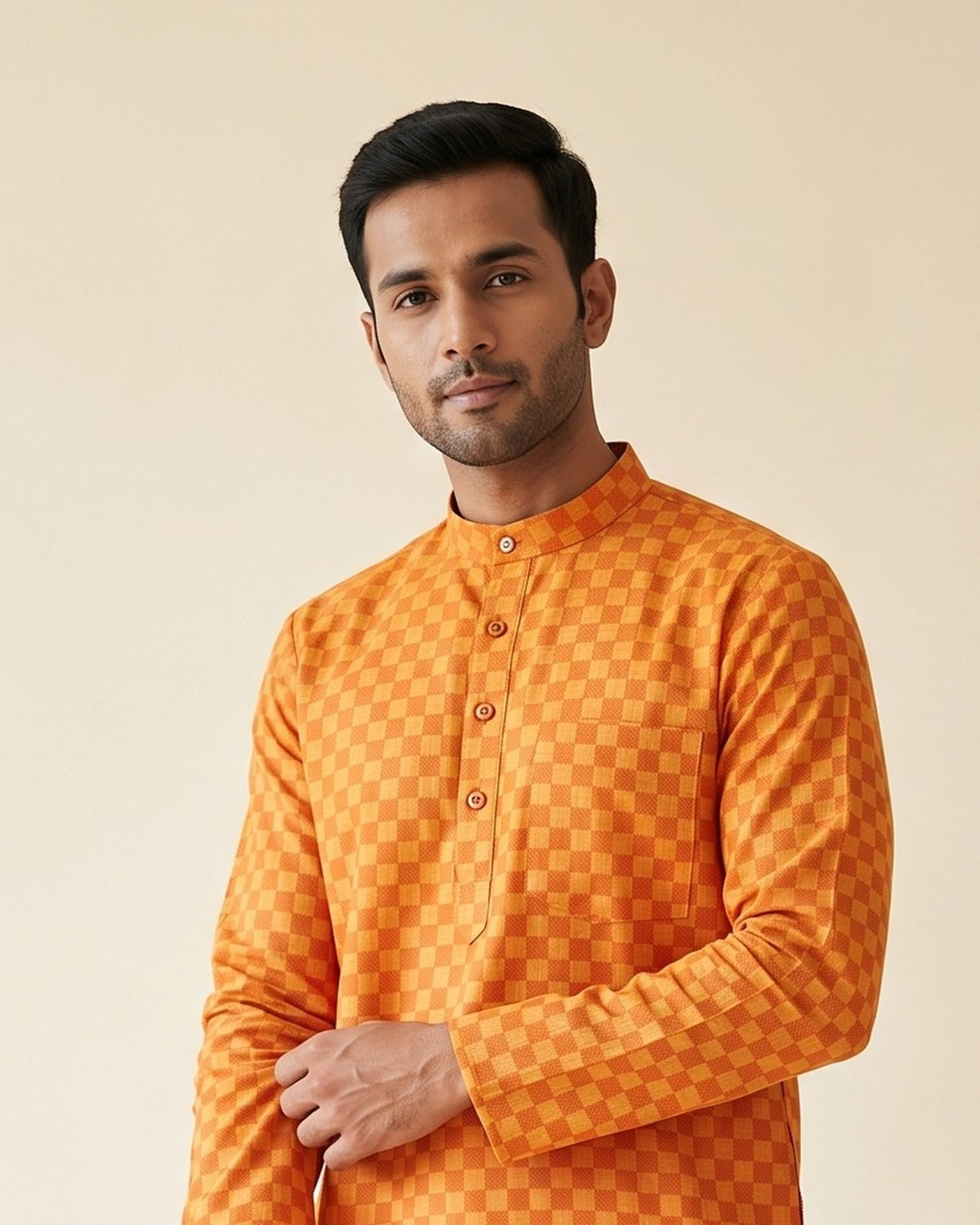 Orange Gold Checkerboard kurta pajama set for men, collar and placket close-up