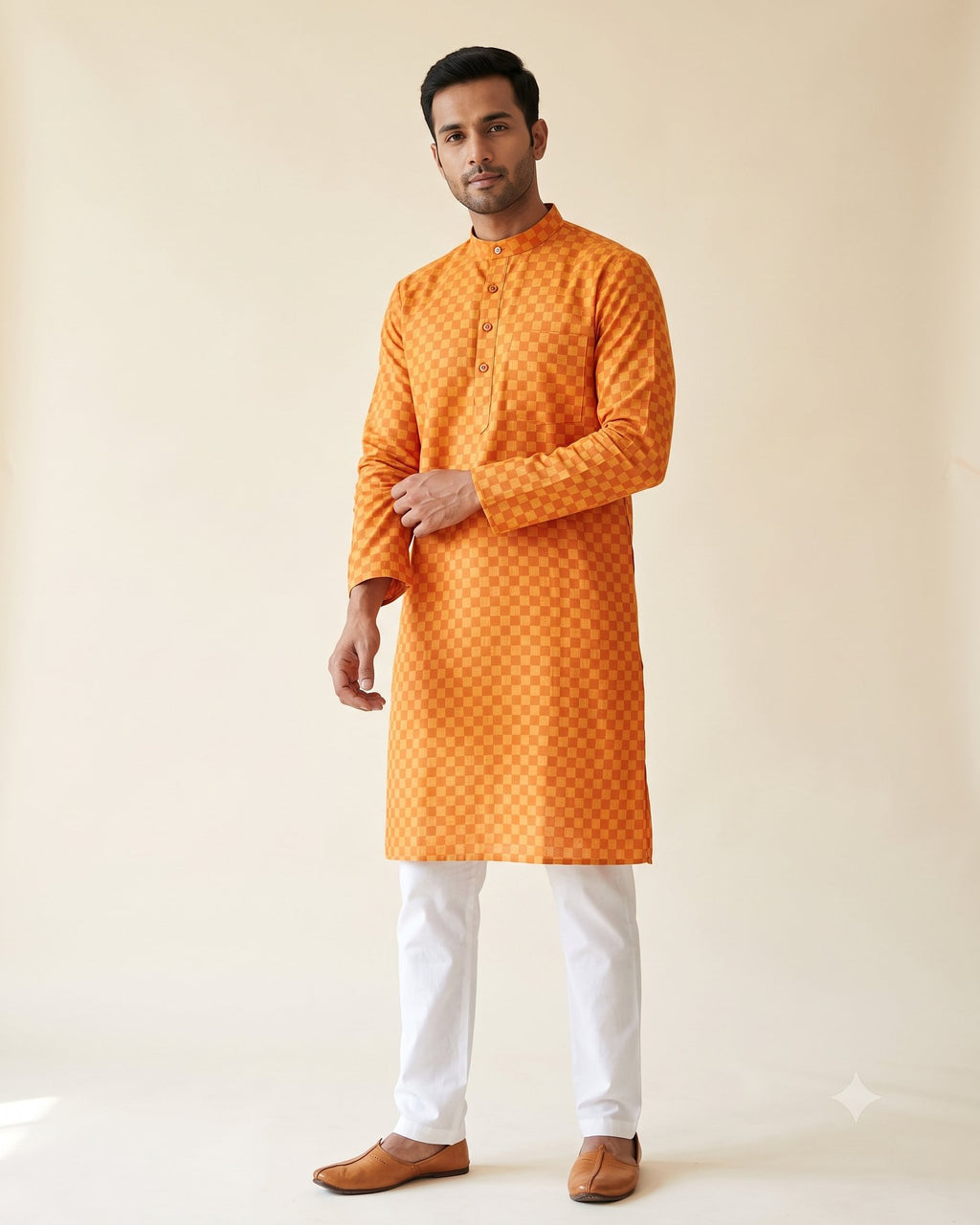 Orange Gold Checkerboard kurta pajama set for men, front view, full length