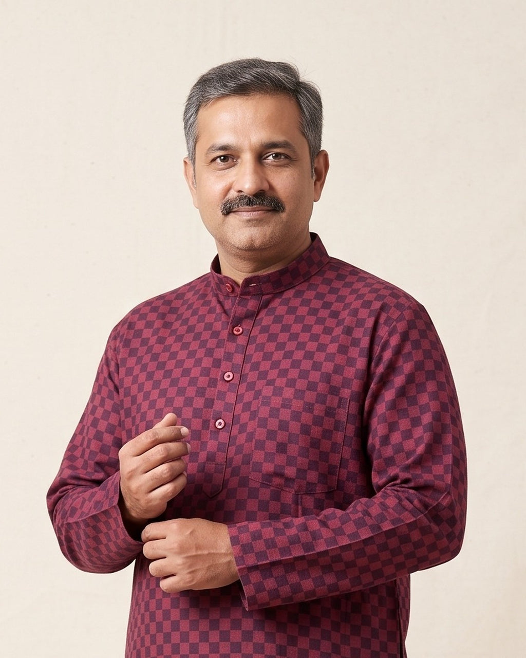 Maroon Black Checkerboard kurta pajama set for men, collar and placket close-up