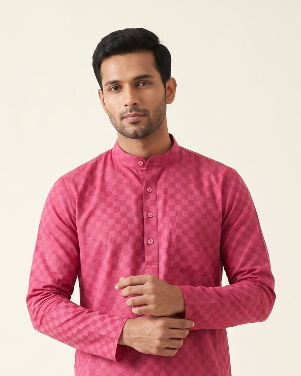 Magenta Checkerboard kurta pajama set for men, collar and placket close-up