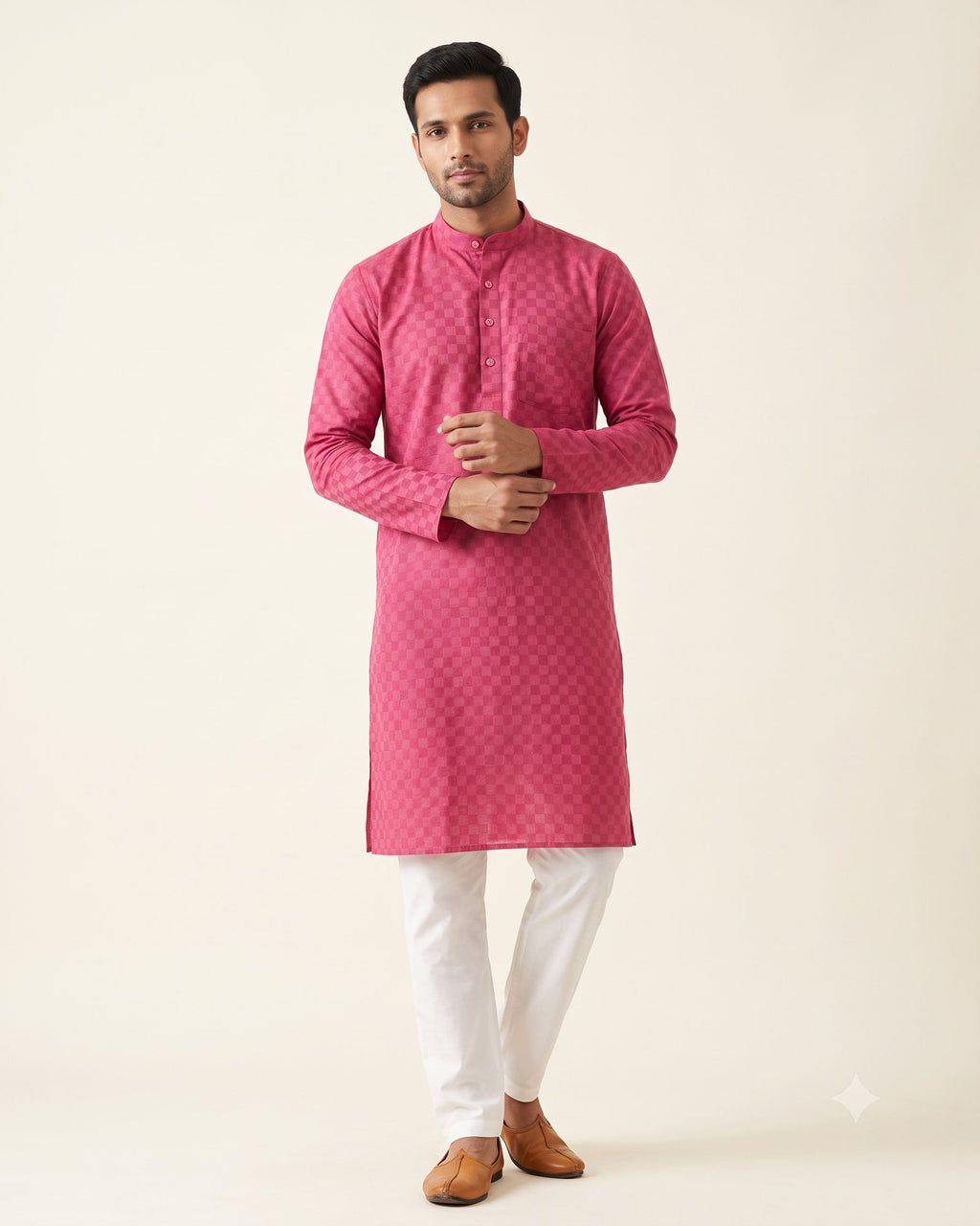 Magenta Checkerboard kurta pajama set for men, front view, full length