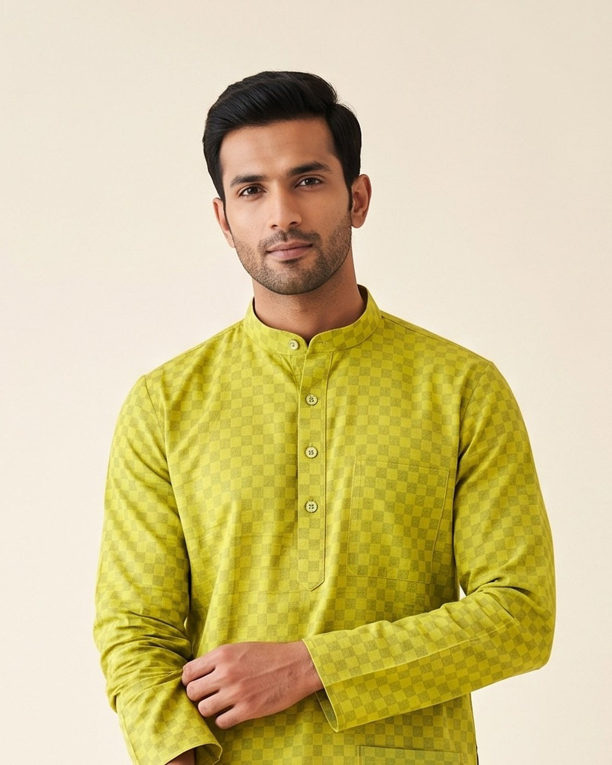 Chartreuse Checkerboard kurta pajama set for men, collar and placket close-up