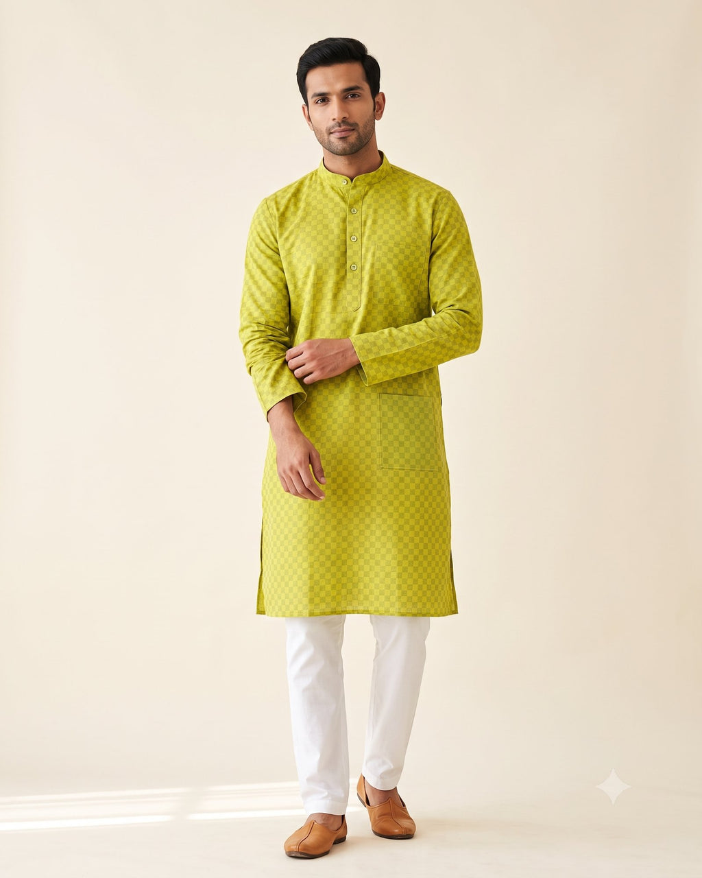 Chartreuse Checkerboard kurta pajama set for men, front view, full length