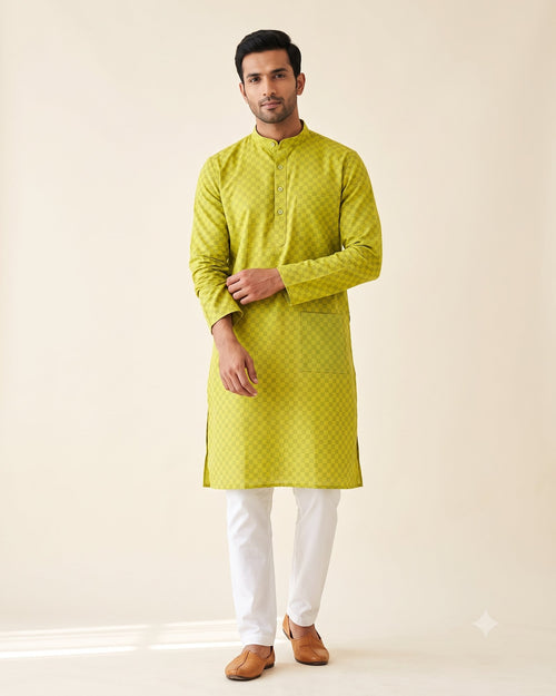 Chartreuse Checkerboard kurta pajama set for men, front view, full length