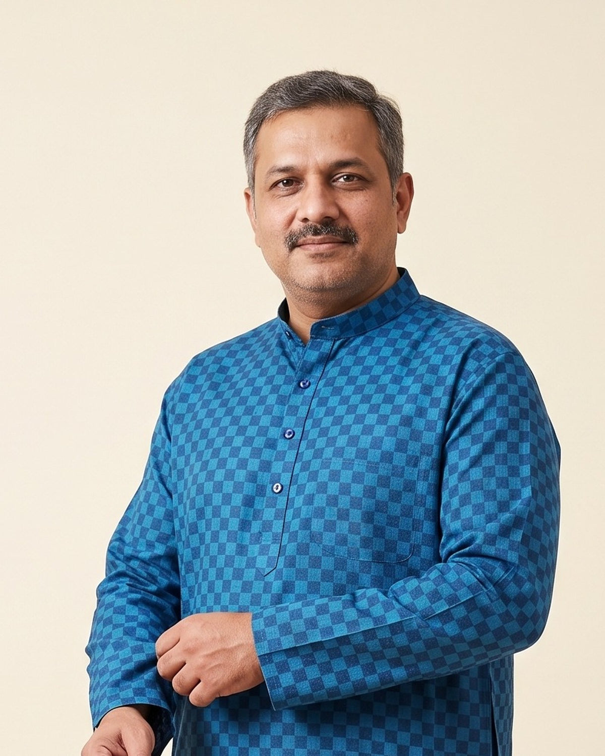 Blue Navy Checkerboard kurta pajama set for men, collar and placket close-up