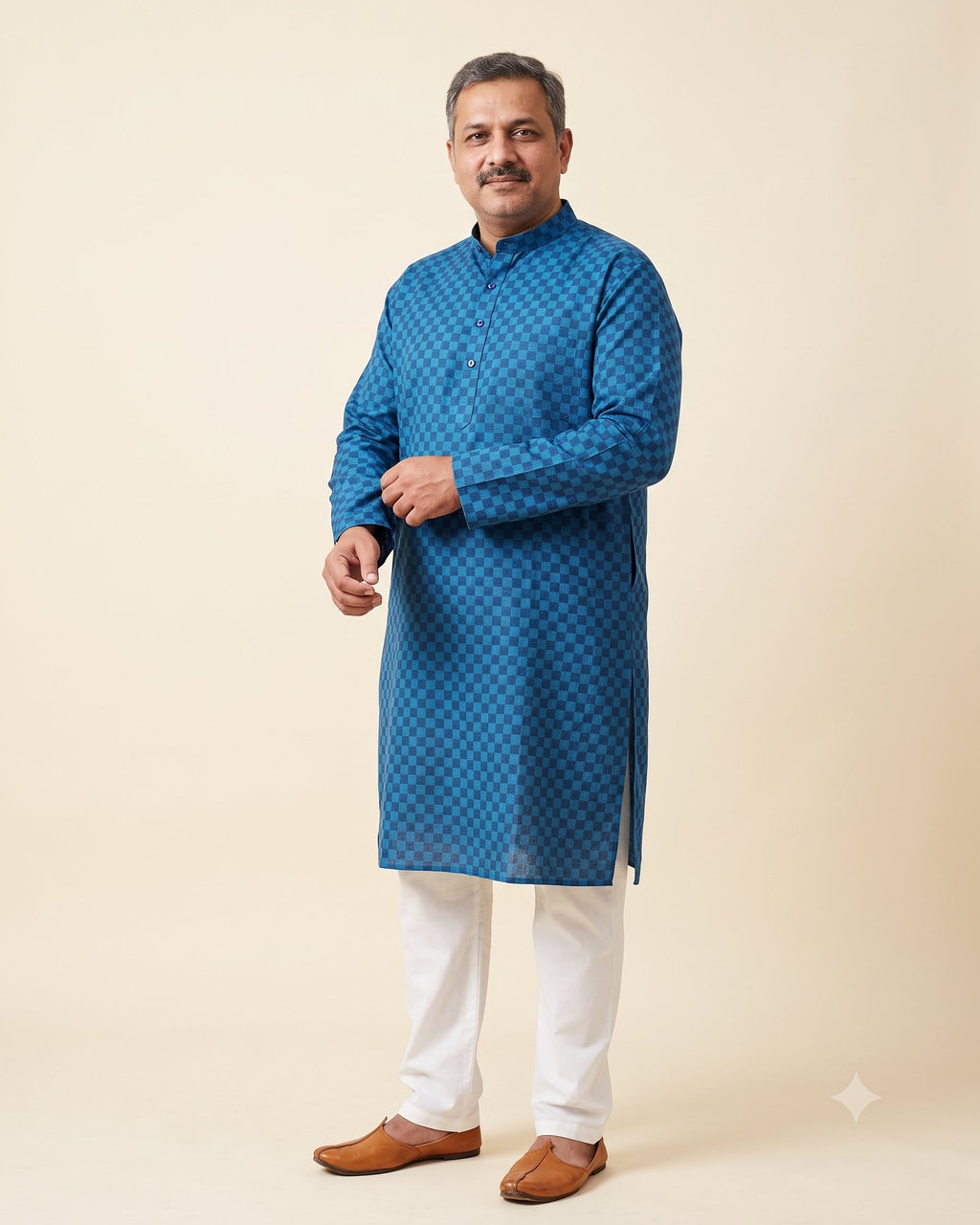 Blue Navy Checkerboard kurta pajama set for men, front view, full length