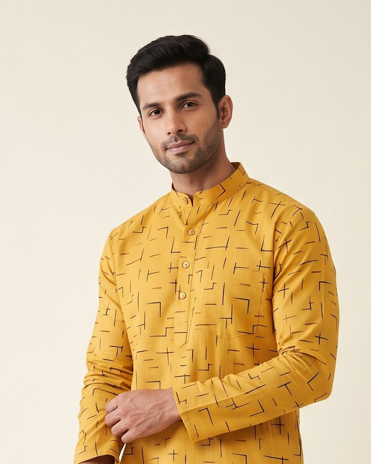 Mustard Geometric Print kurta pajama set for men, collar and placket close-up