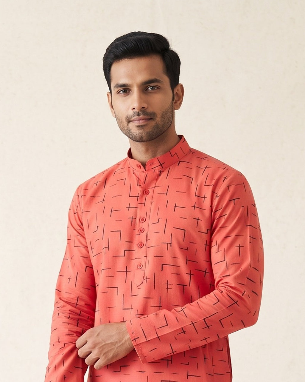 Coral Geometric Print kurta pajama set for men, collar and placket close-up