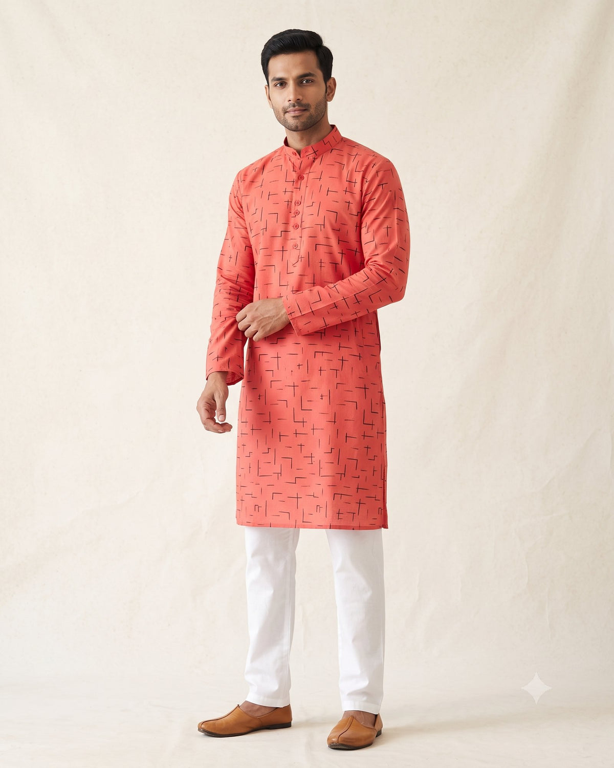 Coral Geometric Print kurta pajama set for men, front view, full length