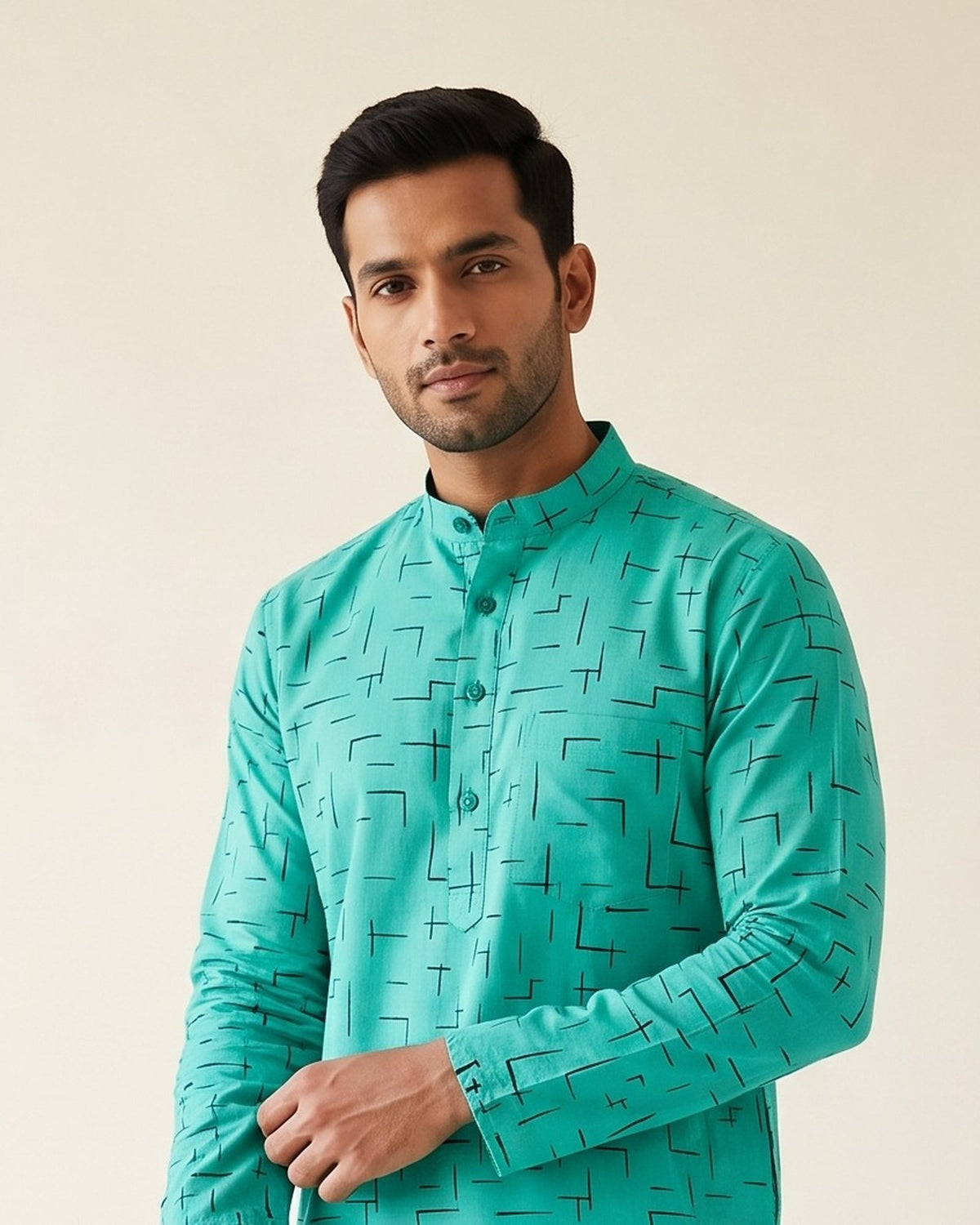 Teal Geometric Print kurta pajama set for men, collar and placket close-up