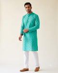 Teal Geometric Print kurta pajama set for men, front view, full length