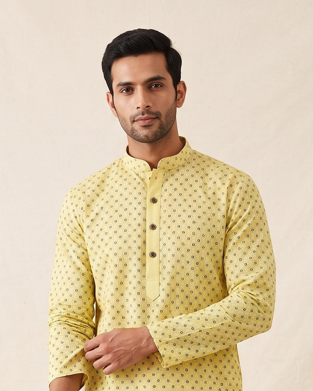 Butter Yellow Paisley Print kurta pajama set for men, collar and placket close-up