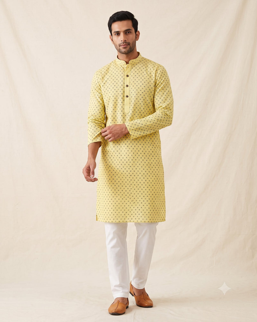 Butter Yellow Paisley Print kurta pajama set for men, front view, full length