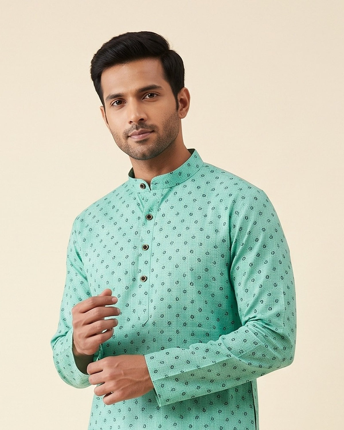 Mint Paisley Print kurta pajama set for men, collar and placket close-up