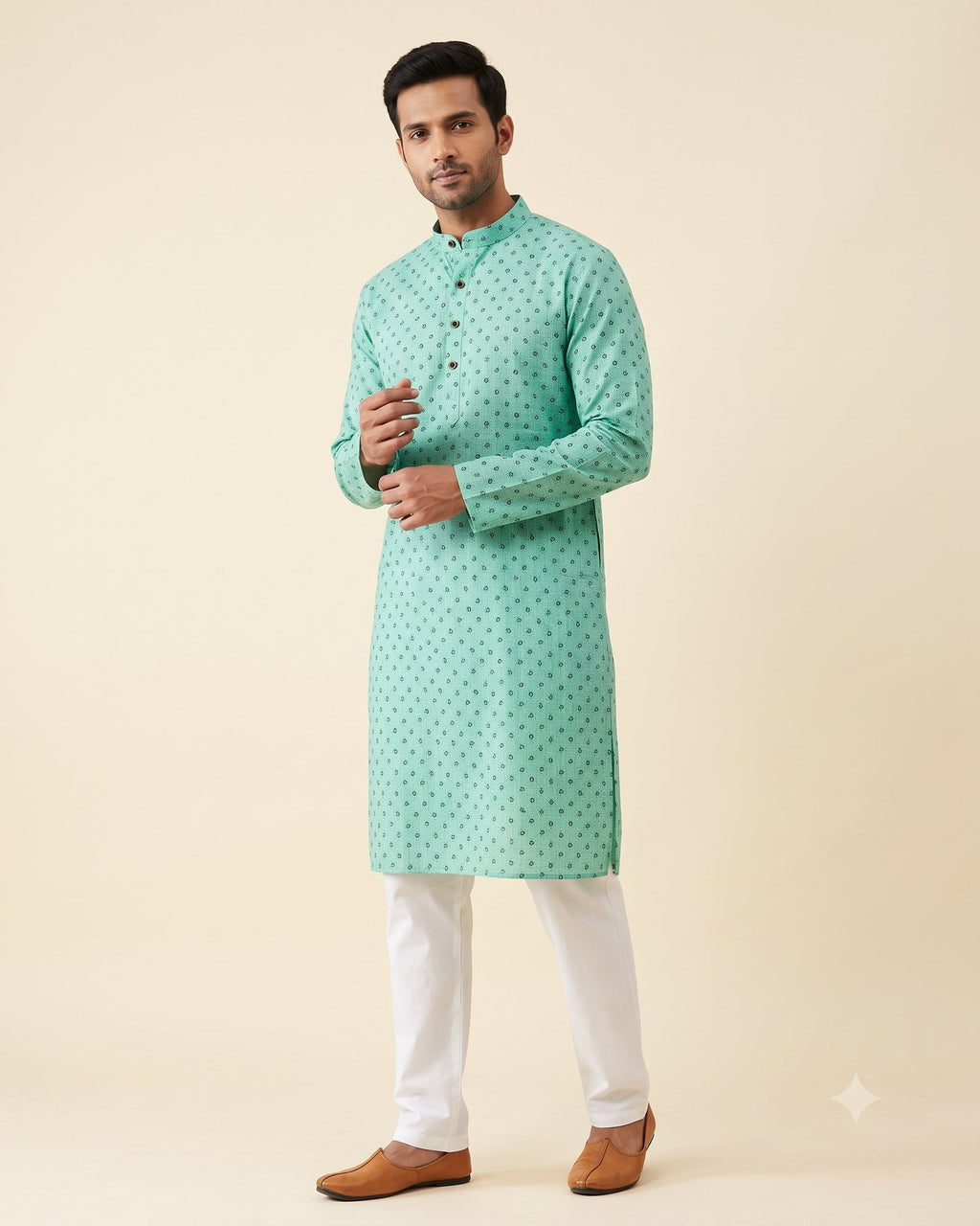 Mint Paisley Print kurta pajama set for men, front view, full length