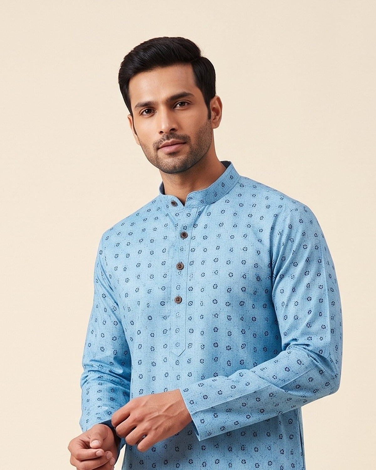 Sky Blue Paisley Print kurta pajama set for men, collar and placket close-up