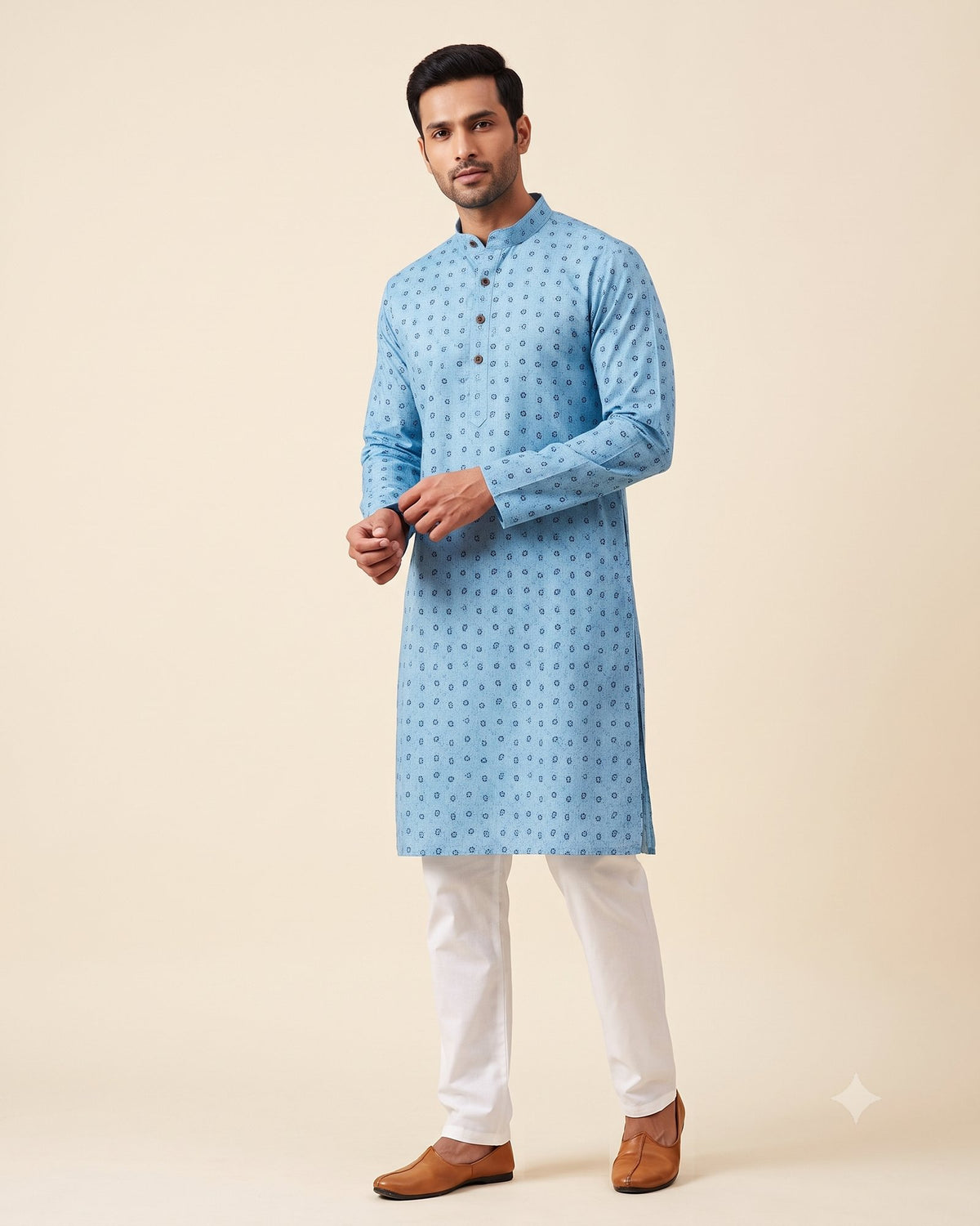 Sky Blue Paisley Print kurta pajama set for men, front view, full length