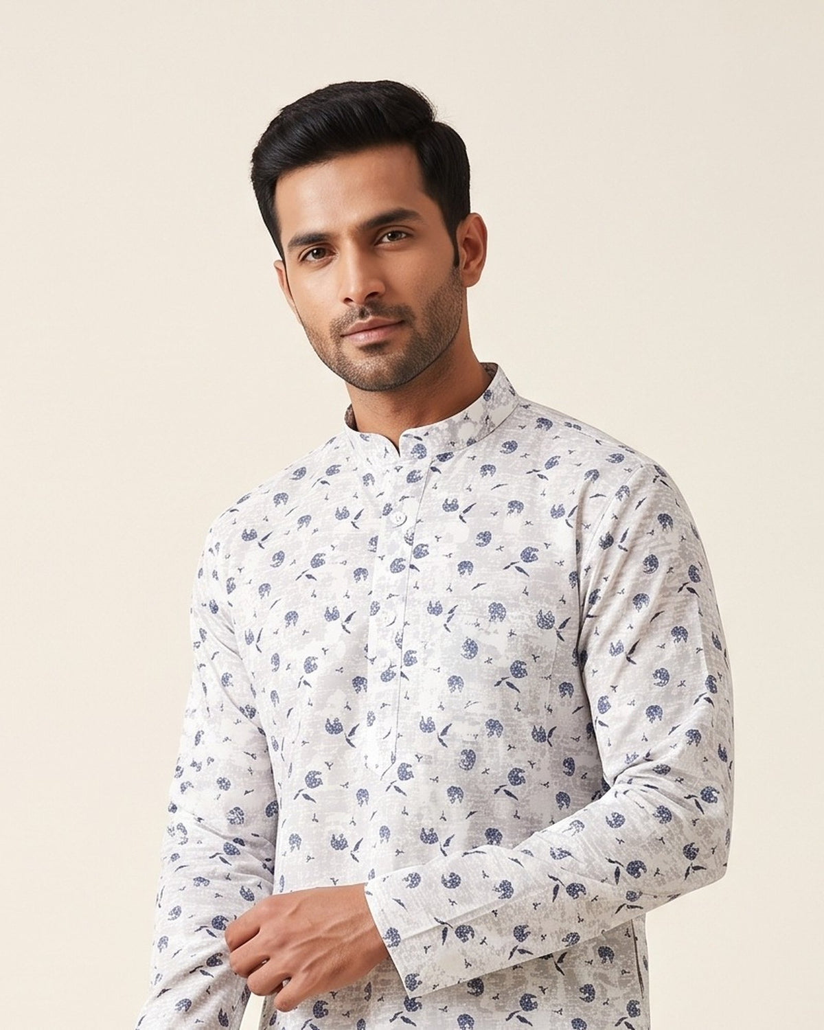White Camo Bird Print kurta pajama set for men, collar and placket close-up
