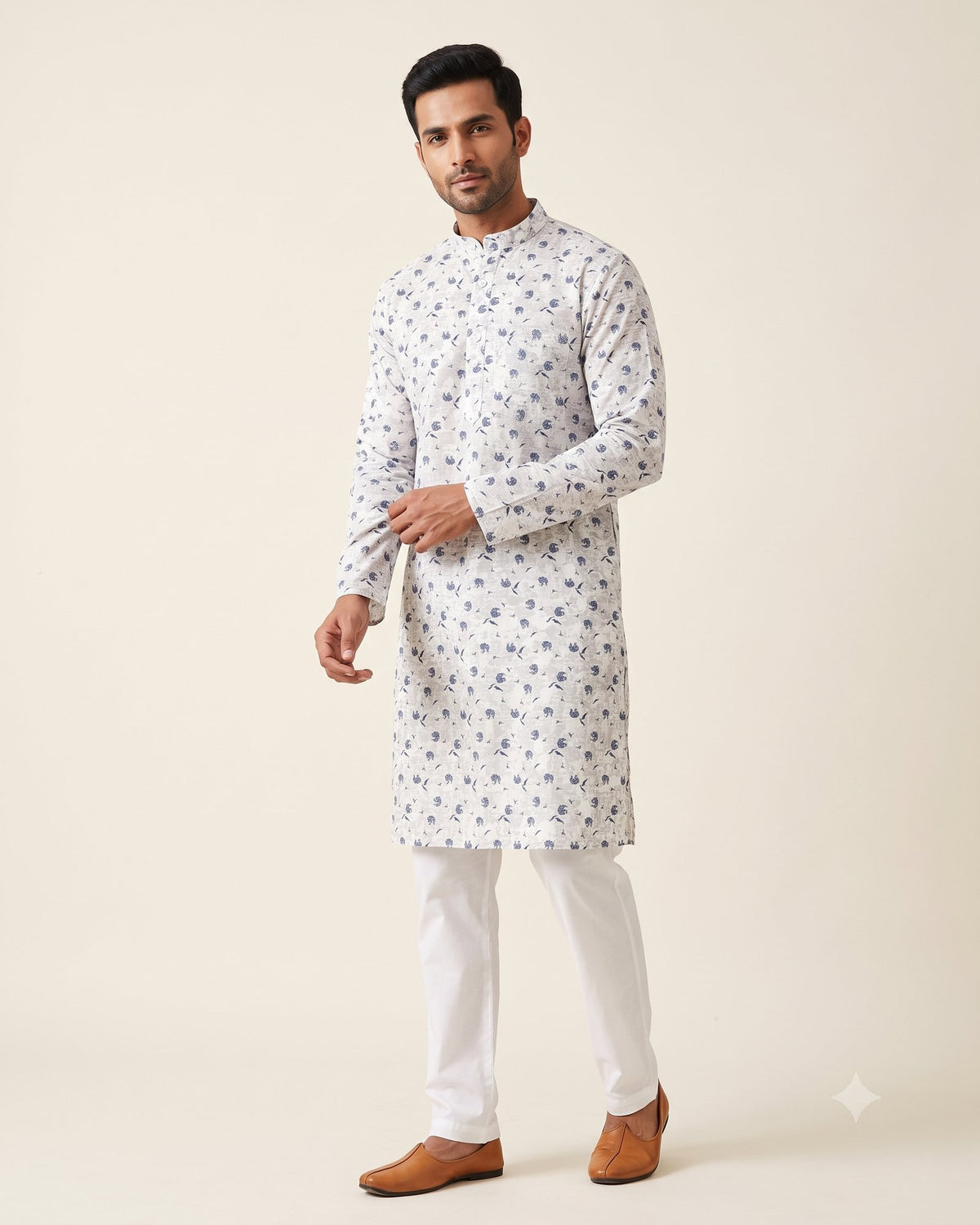 White Camo Bird Print kurta pajama set for men, front view, full length