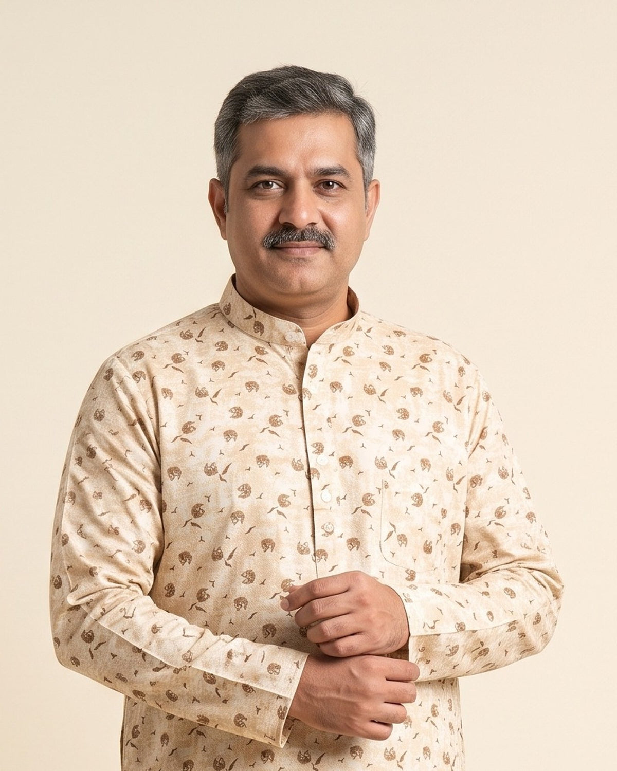Cream Camo Bird Print kurta pajama set for men, collar and placket close-up