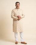 Cream Camo Bird Print kurta pajama set for men, front view, full length