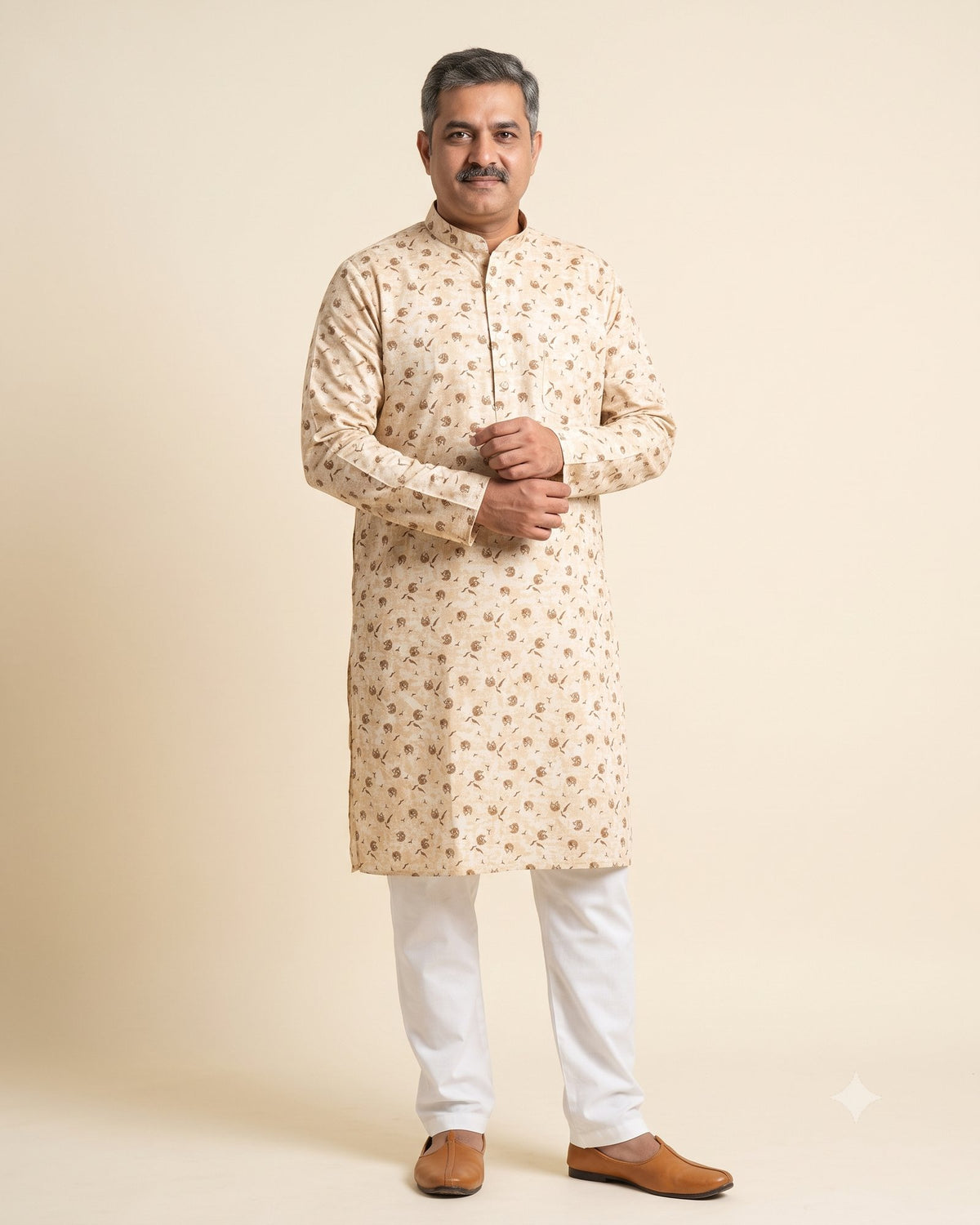 Cream Camo Bird Print kurta pajama set for men, front view, full length