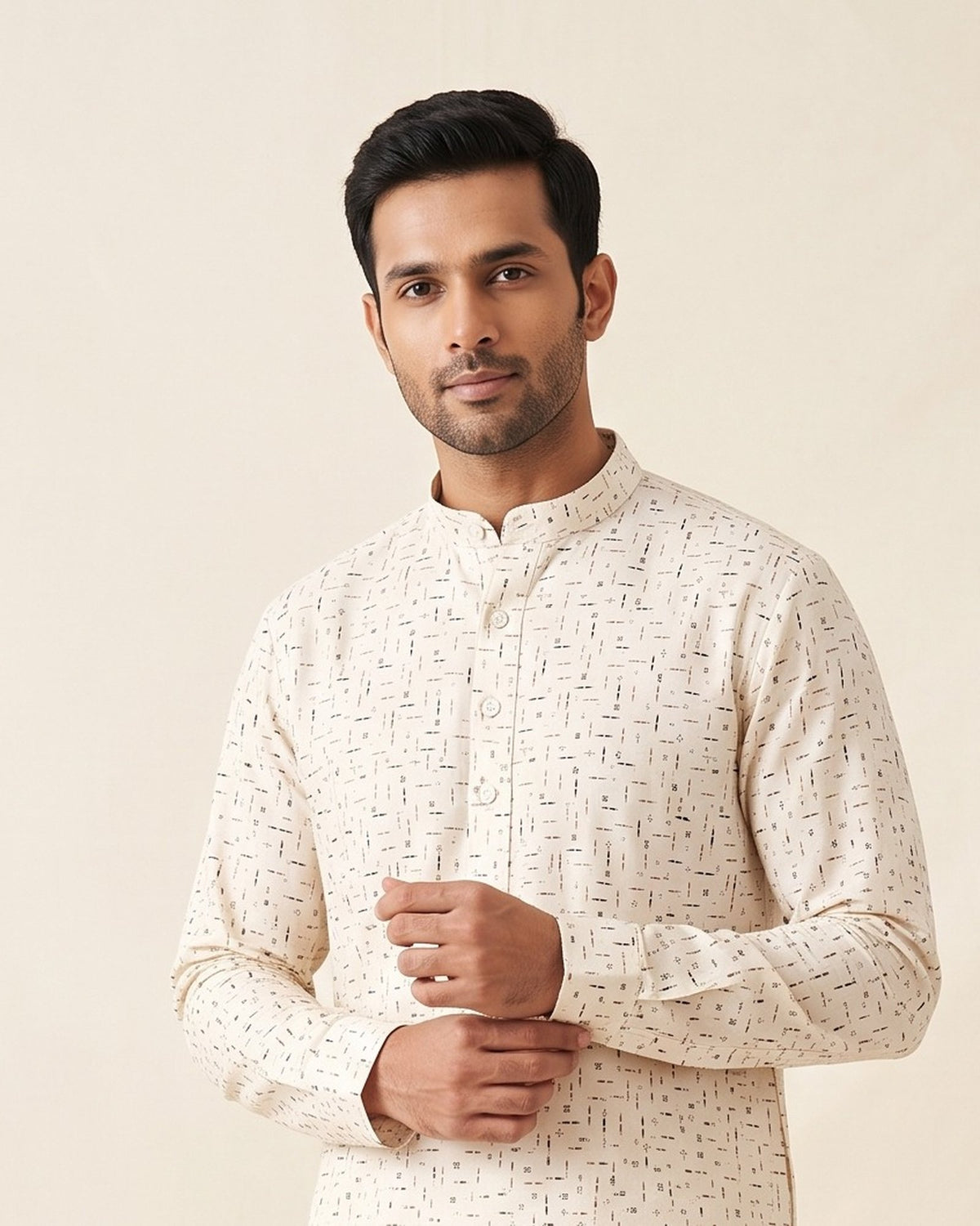 Ivory Dash Dot Print kurta pajama set for men, collar and placket close-up