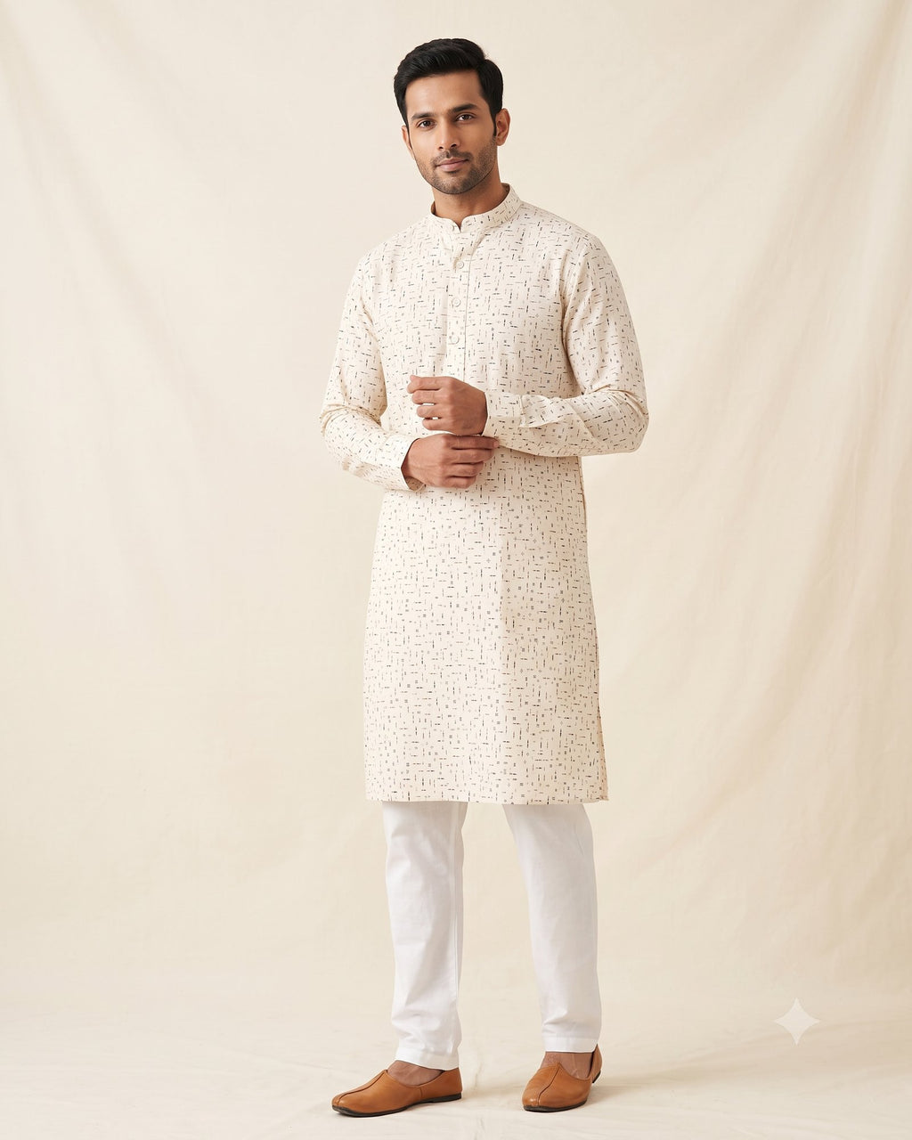 Ivory Dash Dot Print kurta pajama set for men, front view, full length