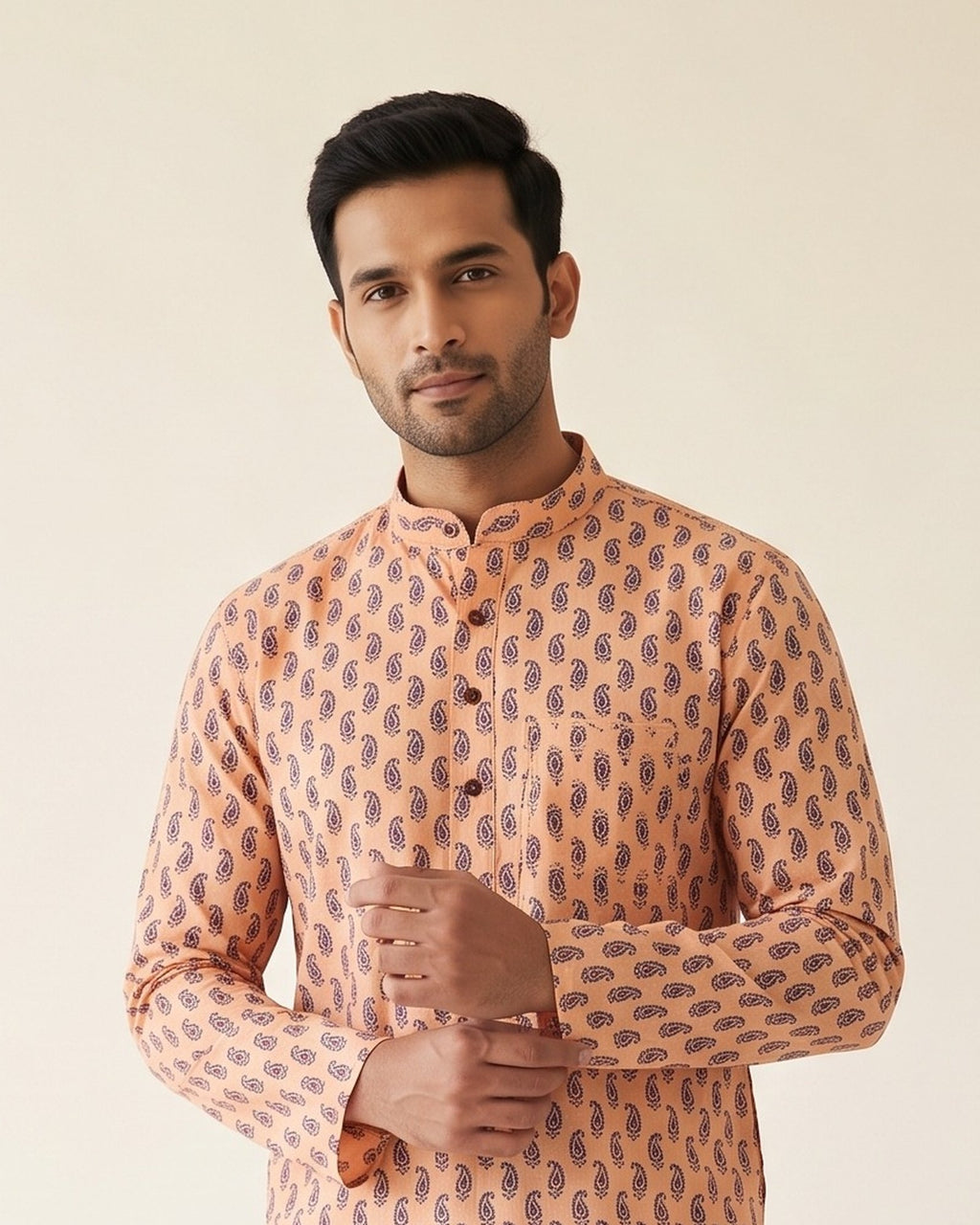 Peach Paisley Print kurta pajama set for men, collar and placket close-up