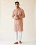 Peach Paisley Print kurta pajama set for men, front view, full length