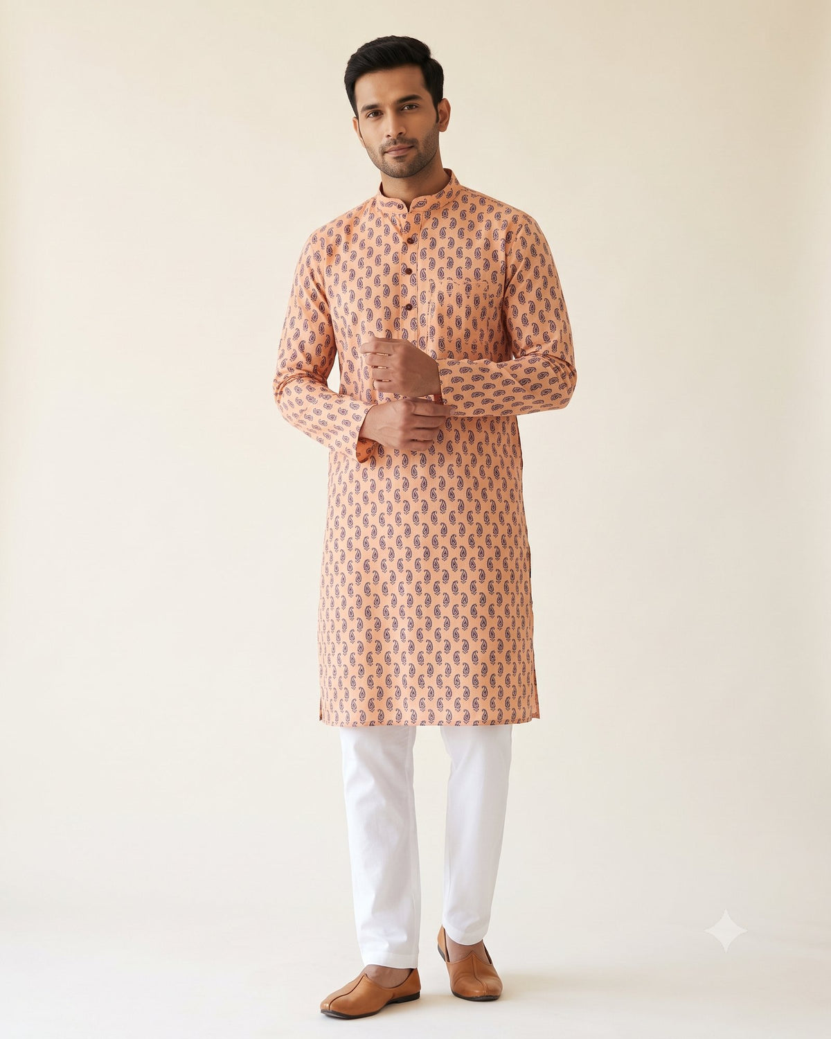 Peach Paisley Print kurta pajama set for men, front view, full length