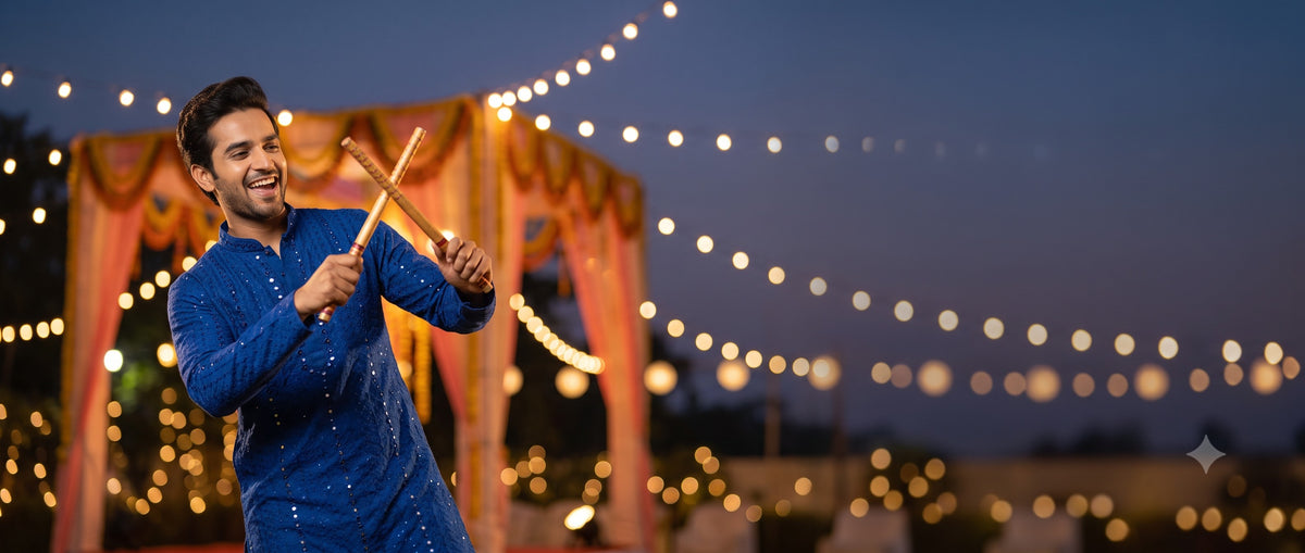 Dancing with dandiya sticks at a Navratri Garba night